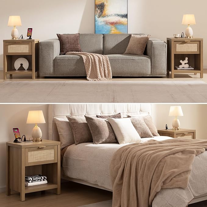 SICOTAS Rattan Nightstands Set of 2 - Farmhouse Night Stand with Drawer and Storage Shelf - Boho Bedside Table End Side Table for Bedroom, Oak