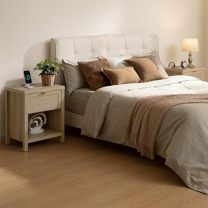 SICOTAS Rattan Nightstand, Farmhouse Night Stands with Drawer, Boho End Side Table for Bedroom, Small Space, Black Oak