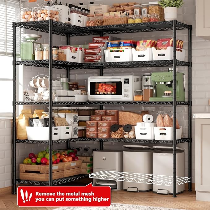 REIBII 5-Tier Heavy Duty Metal Wire Shelves, Industrial Style, 61.7"W x 72.4"H x 15.8"D, 1500 LBS Capacity, Adjustable, Rust Resistant, 2 Pack