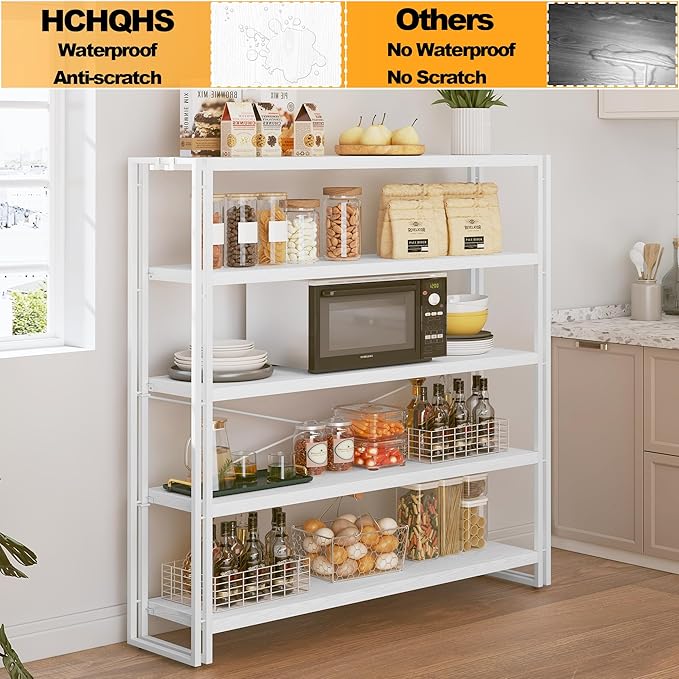 HCHQHS Bookshelf, 5-Tier Industrial Bookcase, White Open Book Shelf, Freestanding Tall Bookshelves with Metal Frame