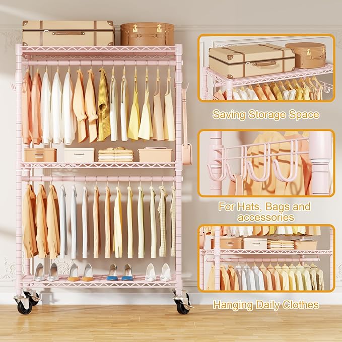P1 Rolling Closets with Wheels and Shelves, Portable Closet Wardrobe for Clothes Hanging, Pink Clothing Storage and Organizer System for Bedroom, 35.5" W x 15.7" D x 80.5" H, Hold 500lbs