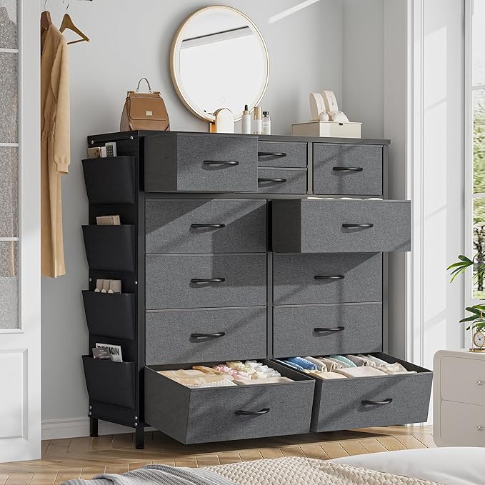EnHomee Dresser for Bedroom with 12 Drawers, Dressers & Chest of Drawers with Side Pockets, Fabric Dresser for Bedroom, Hallway, Living Room, Sturdy Metal Frame, Wood Top, Grey
