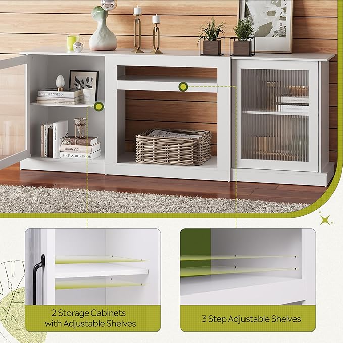 WLIVE Farmhouse TV Stand for 75 inch TV, Entertainment Center with Storage Cabinets, Mid Century Modern TV Console for Living Room, Bedroom, White