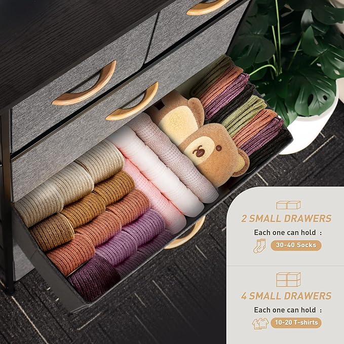 Tall Dresser for Bedroom, Vertical Storage Organizer Tower with 6 Drawers, Chest of Drawers with Fabric Bins, Steel Frame, Wood Top for Bedroom, Closet, Entryway- Grey