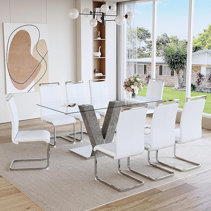 Glass Dining Table Set for 8, Modern Dining Room Table Set,Rectangular Clear Glass Tabletop and MDF Base,Large Glass Dinner Table and 8 White Leather Dining Chairs