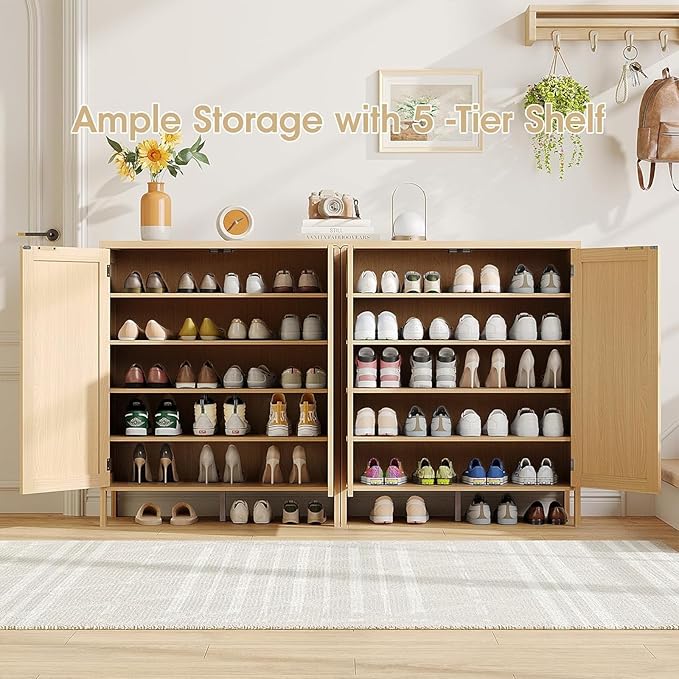 Maupvit Real Rattan Shoe Storage Cabinet with 2 Doors and 5 Shelves, Boho Shoe Organizer Cabinet, Accent Credenza Cabinets, 5-Tier Shoe Cabinet Storage for Entryway, Hallway, Living Room