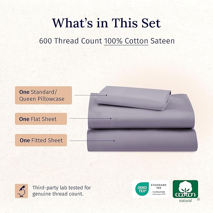 California Design Den Luxury Twin Sheet Set - 100% Cotton, 600 Thread Count Deep Pocket Twin Sheets, Soft Hotel-Quality Bedding with Sateen Weave - Lavender