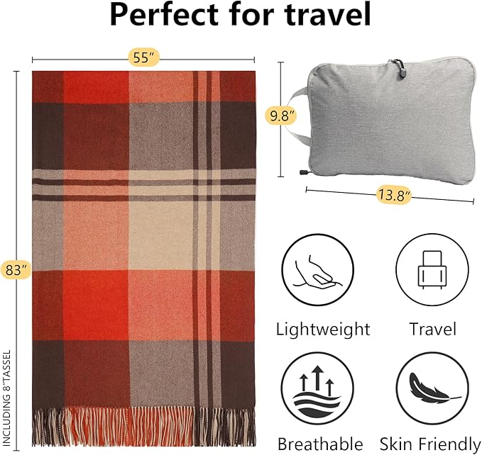 Red Plaid Throw Blanket for Couch,100% Wool Throw Blanket for Home Decor, Soft Lightweight Cozy All Season Decorative Vintage Blankets for Travel,Bed, Sofa, Chair, Outdoor 55'' x 83''/2LBS