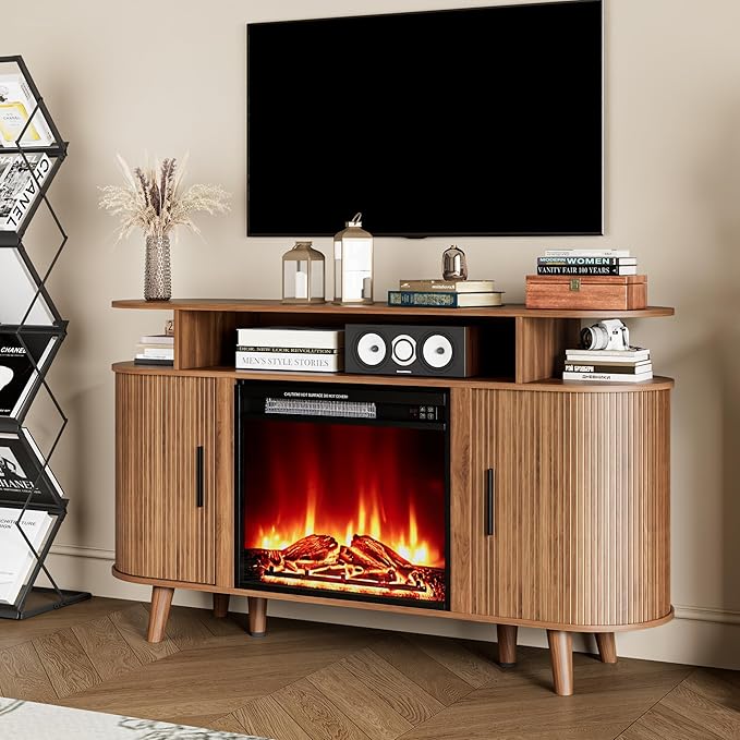 Fireplace TV Stand for TVs Up to 65 Inch, Modern Fireplace Entertainment Center with Sliding Doors and Adjustable Shelves, Media Console Table for Living Room Bedroom, Walnut (Fireplace tv Stand)
