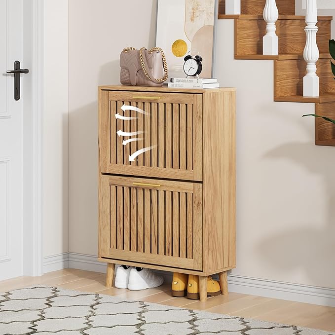 Shoe Storage Cabinet with Louvered 2 Flip Drawers, Narrow Shoe Cabinet Storage for Entryway, Freestanding Shoe Organizer Cabinet with Golden Handles, Slim Shoe Rack Cabinet 23.5in (Natural Wood)