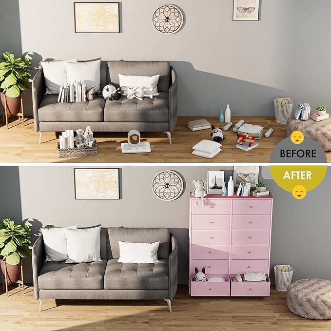 Arlopu 12-Drawer Dresser, 35.2’‘ Widened 6-Layer Fabric Storage Tower w/Textured Print Fabric Bins, Tall Chest Organizer Unit for Living Room, Hallway, Nursery, Closets, Adjustable Feetpad