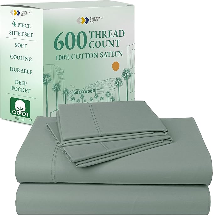 CALIFORNIA DESIGN DEN 5-Star Hotel 600 Thread Count 100% Cotton, Soft & Smooth Queen Sheet Set with Deep Pockets, Quality Beats Egyptian Cotton Claims (Sage Green)