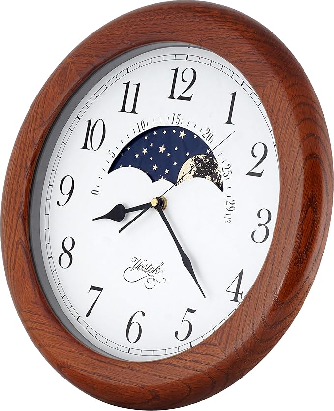 JUSTIME 14 Inch Exclusive Solid Oak Wood Non-Ticking Sweep Mechanical Specialty Moon Phase Moving Dial Wall Clock, Gift, Home Décor