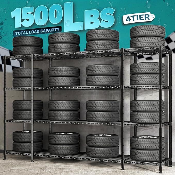 REIBII 78.4''W Storage Shelves, 4 Tier Wire Shelving Unit Loads 1500LBS with Adjustable 2PCS Heavy Duty Metal Shelving for Pantry, Kitchen,Garage Shelves.78.4''Wx11.8''Dx59''H,Black