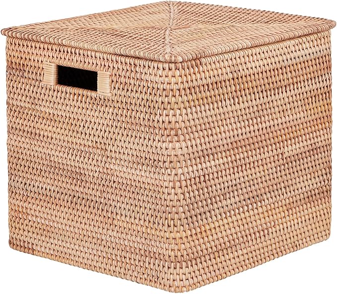 Rattan Basket With Lid, Large Lidded Basket For Storage (15.75" L×15.75"W×11.81"H)
