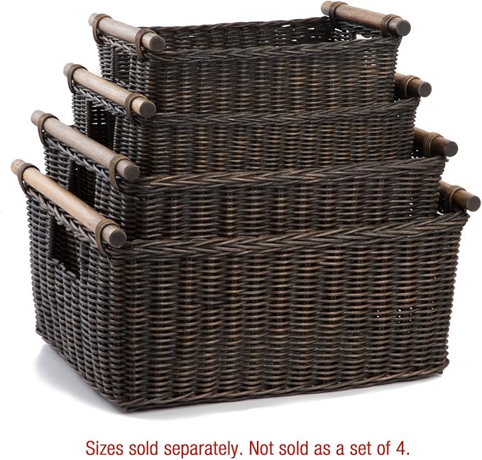 The Basket Lady Pole Handle Wicker Storage Basket, Large, 18 in L x 14.5 in W x 9 in H, Antique Walnut Brown