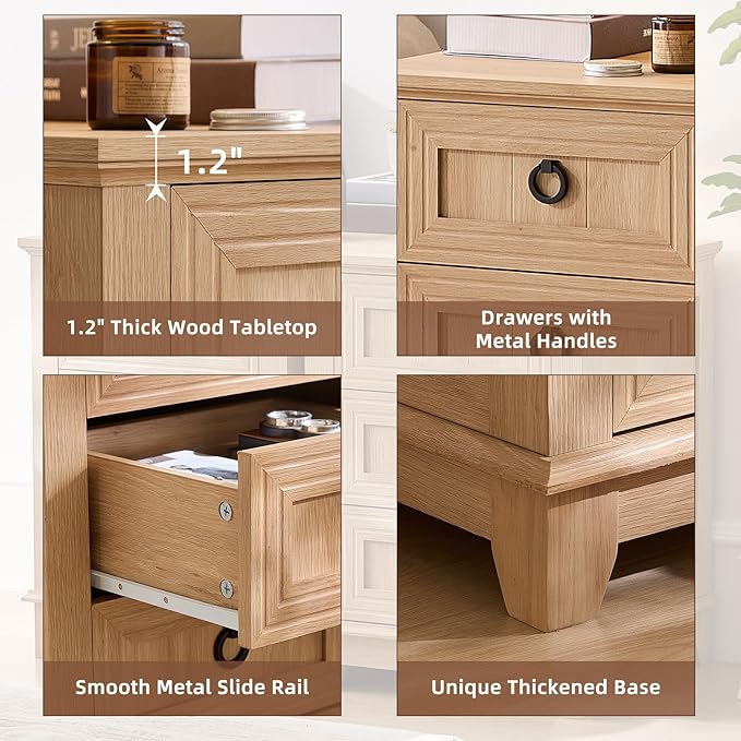 18" Farmhouse Night Stands Set of 2 with 3 Drawers, Wood Bedside End Table, Natural Nightstand, Bed Side Table Cabinet with Metal Handle for Bedroom Living Room, Closet