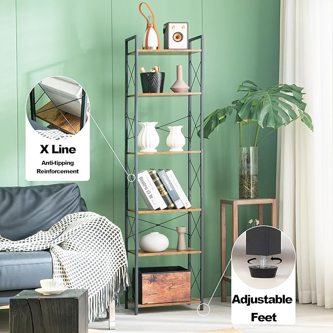 HCHQHS Narrow Bookshelf, Adjustable 6-Tier Industrial Bookcase, Rustic Open Book Shelf, Freestanding Tall Bookshelves with Metal Frame