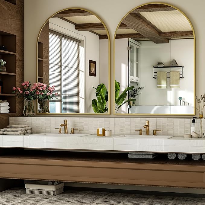 Arch Bathroom Mirror, 26x38 inch Arched Bathroom Mirror/Wall Mounted Vanity Mirror - Arch Metal Frame Wall Mirror for Bathroom Bedroom Living Room, Gold