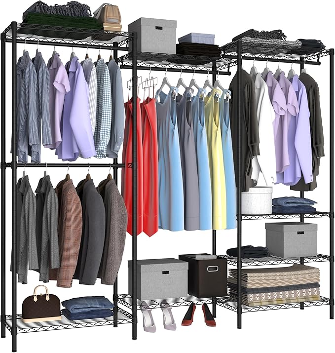 Heavy Duty Clothes Rack,Freestanding Clothing Shelf,Metal Garment Rack,Adjustable Custom Closet Shelf, 75" L x 13.8" W x 75.2" H, Max Load 800LBS, Large(Black)