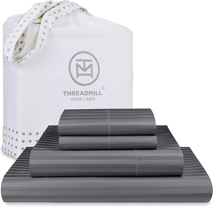 Threadmill 100% Cotton Sheets for Cal King Size Bed - 600 Thread Count Cal King Bed Sheets Set with 16” Deep Pocket - Damask Stripe Sateen Weave 4-Piece Bedding Set with Cooling Effect, Dark Grey