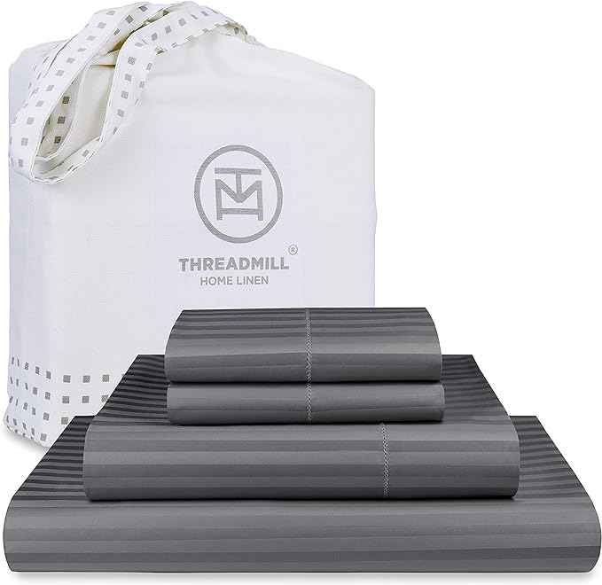 Threadmill 100% Cotton Sheets for Full Size Bed - 600 Thread Count Full Bed Sheets Set with 16” Deep Pocket - Damask Stripe Sateen Weave 4-Piece Bedding Set with Cooling Effect, Dark Grey