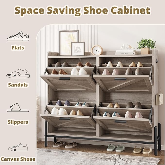 IRONCK Farmhouse Shoe Storage Cabinet with 4 Flip Drawers, Freestanding Shoe Organizer with Adjustable Shelf for Entryway, Narrow Shoe Rack Cabinet for Hallway, Living Room, Gray