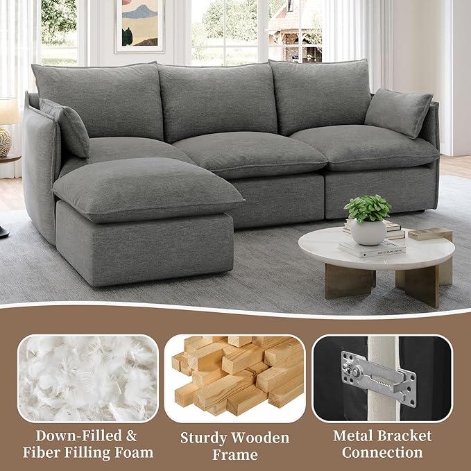 Waterproof Cloud Sectional Couches,High Backrest Down Filled Sofa for Living Room,94.5" Modular Sofas L-Shaped with Ottoman,Detachable Couch Covers,Dark Grey