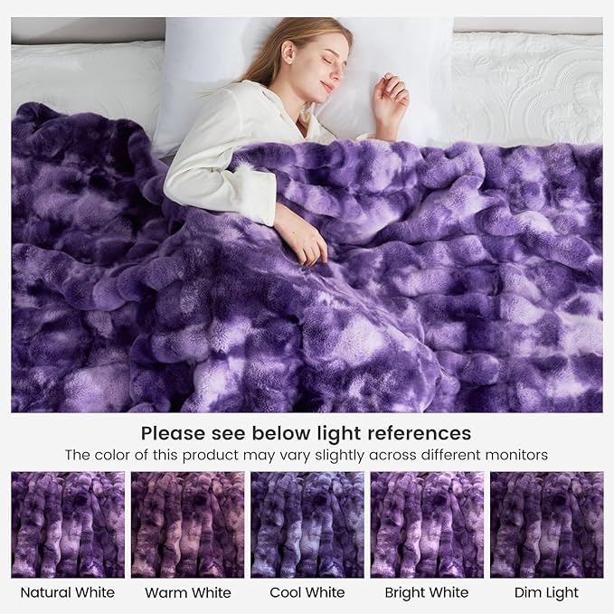 Cozy Bliss Faux Fur Throw Blanket for Couch, Bubble Plush Blanket Queen Size, Fuzzy Soft & Thick Blanket for Bed Sofa Living Room, 90x90 Inches Tie-dye Purple