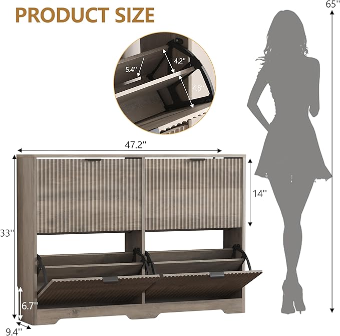 Shoe Cabinet Storage for Entryway with 4 Flip Drawers, Grey Fluted Shoe Cabinet with Adjustable Shelves, Wooden Hidden Shoes Rack Freestanding Narrow Slim Shoes Storage for Hallway, Entrance