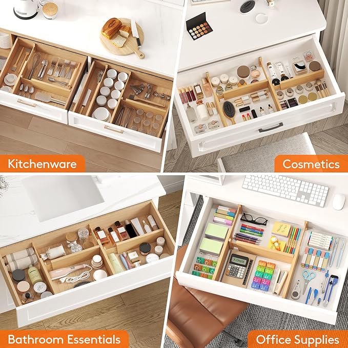 Lifewit 5 Pack Drawer Dividers Bamboo 4" High, 12-17" Adjustable Drawer Organizers for Clothes, Expandable Dresser Separators in Bedroom/Bathroom/Kitchen/Fridge/Office Organization and Storage