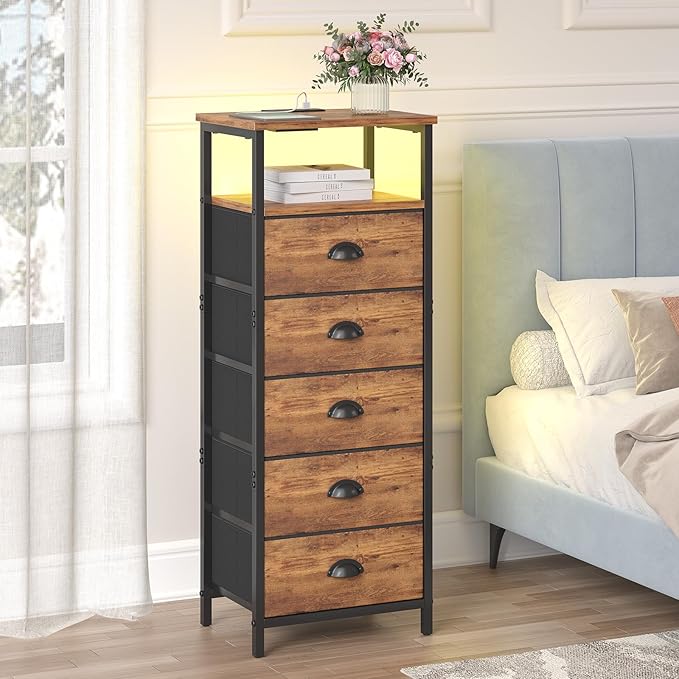 Nightstand with Charging Station,LED Night Stand with 5 Fabric Drawers, Bedside End Tables, 2-Tier Open Storage Shelf Side Table Nightstands with Drawers for Bedroom,Rustic Brown