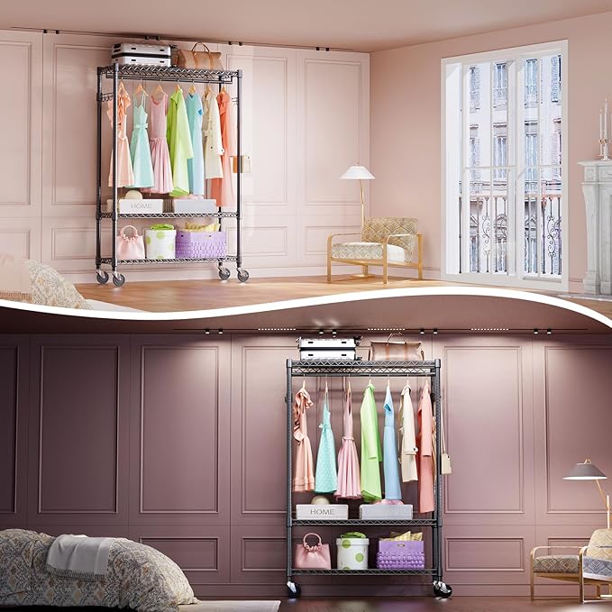 IZEUK 3 Tier Heavy Duty Rolling Garment Rack Wire Clothes Rack for Hanging Clothes, Metal Freestanding Closet Wardrobe Rack with 1 Rods and Wheels Black 15.7" D x 45.3" W x 75.6" H