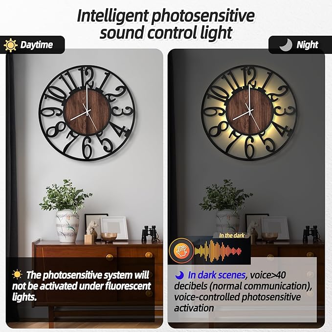 LEIKE Large Wall Clocks with Night Light Battery Operated,Silent Non Ticking,Rustic Modern Big Wood Clock for Living Room, Bedroom,Kitchen,Farmhouse,Office,Home Decor-20 Inch(Black-Arabic Number)