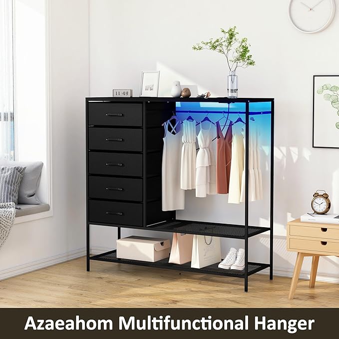 Dresser with Hanging Rack, Black Dresser for Bedroom, Chests of Drawers for Closet, 5 Fabric Drawers Clothes Rack, with Sturdy Metal Frame, LED Lights, Charging Station