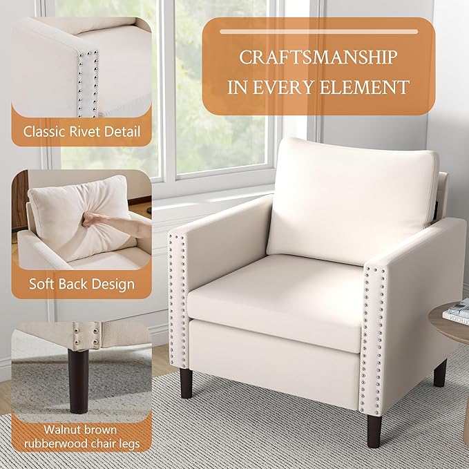 MOJAY Linen Cotton Accent Chair, Living Room Chair Comfy Armchair with Thick Padded Cushion, Lounge Sofa Club Chair with Sturdy Wood Legs for Bedroom Home Office (White, 1 Pack)