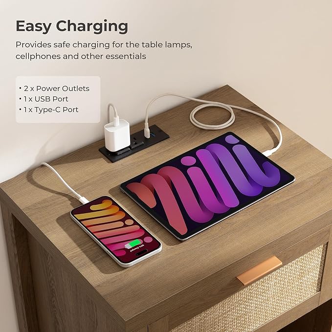 SICOTAS Rattan Nightstands Set of 2 - Farmhouse Night Stand with Drawer and Storage Shelf - Boho Bedside Table End Side Table for Bedroom, Oak