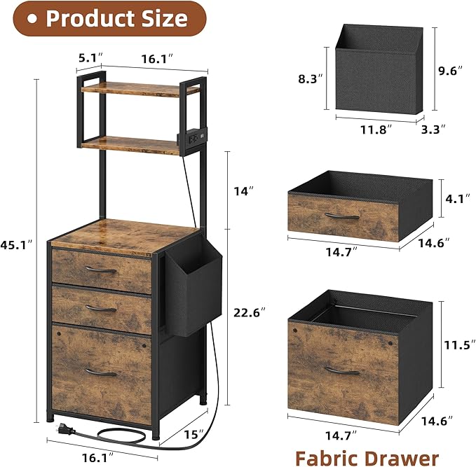 Larger File Cabinet with Charging Station and 3 Fabric Drawer, 3-Tier Tall Filing Cabinet for Home Office with Storage Shelf, Fabric Drawer, Fits A4/Letter Size, 15''W, Rustic Brown