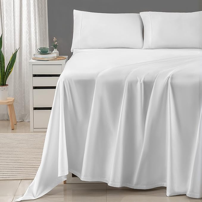 Threadmill 100% Cotton Sheets for Queen Size Bed - 600 Thread Count Queen Bed Sheets Set with 16” Deep Pocket - Sateen Weave 4-Piece Bedding Set with Cooling Effect, White