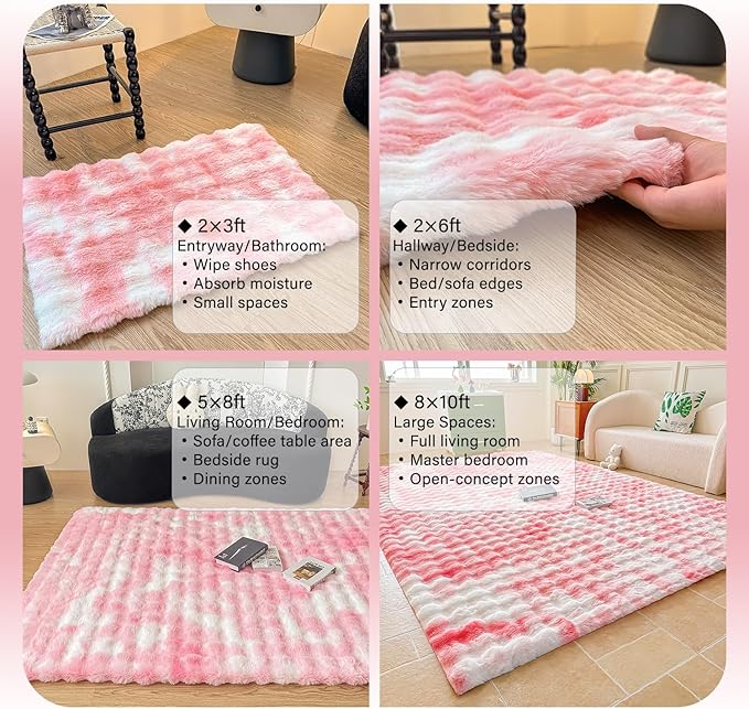 Pink White Rabbit Plush Area Rug for Bedroom Living Room Sofa,6'X9' Faux Fur Fluffy Shaggy Rectangular Square Rug for Kids Teen Girls Room,Furry Carpet Rug for Nursery Baby Room Decor for Teenage