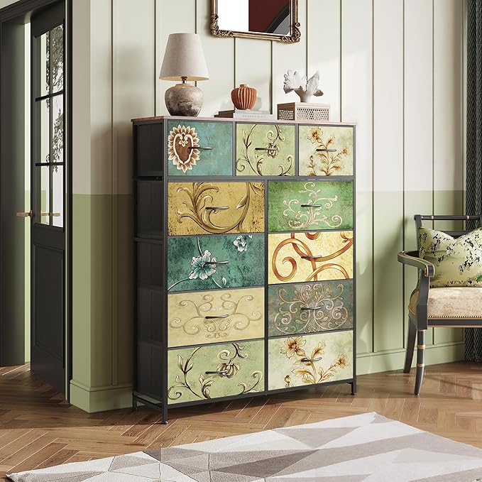 WLIVE Storage Organizer Unit with 11 Fabric Bins, Storage Drawers Organizer with Steel Frame, Tall Storage Tower Organizaton for Living Room, Hallway, Office, Floral Painted