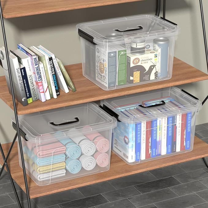 17.5 L Plastic Clear Latching Storage Box with Lid, Storage Bin with Handle, 4 Packs