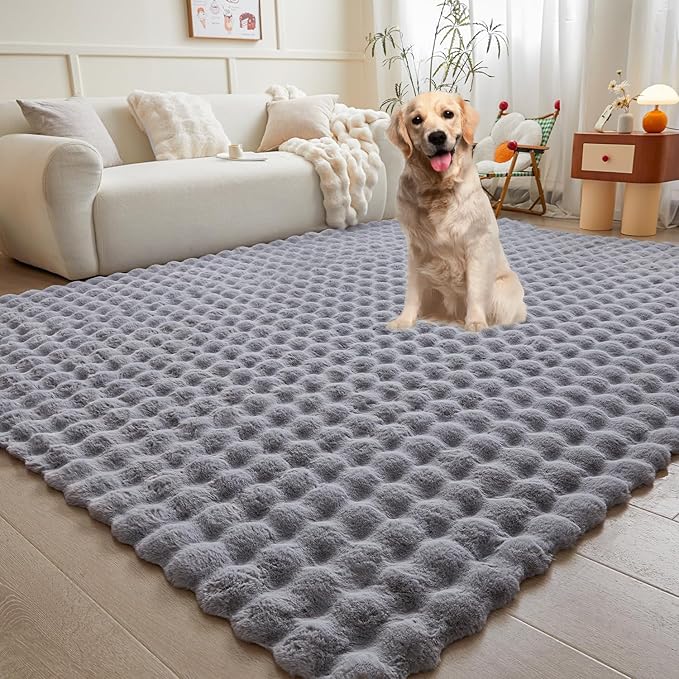 Gray Rabbit Plush Area Rug for Bedroom Living Room Sofa,3'X5' Faux Fur Fluffy Shaggy Rectangular Square Rug for Kids Teen Girls Room,Furry Carpet Rug for Nursery Baby Room Decor for Teenage