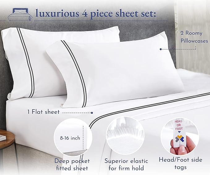 California Design Den Luxury Queen Size Sheet Set - 100% Cotton, 600 Thread Count Deep Pocket Queen Sheets, Hotel-Quality Bedding with Sateen Weave - White Embroidered Gray