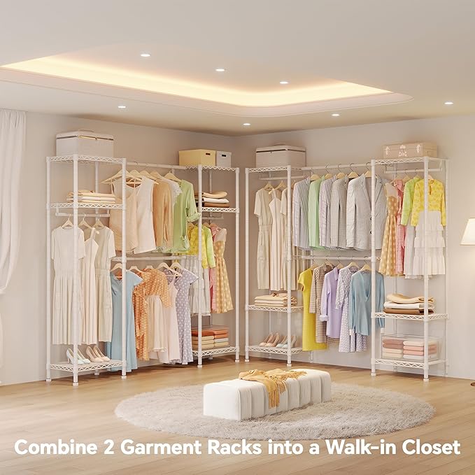 H10 Expandable Clothes Rack Clothing Rack for Hanging Clothes, Heavy Duty Garment Rack, Freestanding Wardrobe Closet Organizer with Hanger Rods, Extendable from 4.6 to 5.1 ft, White