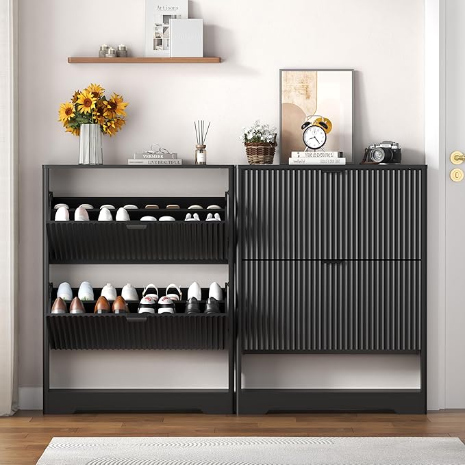 Shoe Cabinet Storage for Entryway with 2 Flip Drawers, Black Fluted Shoe Cabinet with Open Storage, Wooden Hidden Shoe Rack Freestanding Narrow Slim Shoes Organizer for Hallway, Entrance