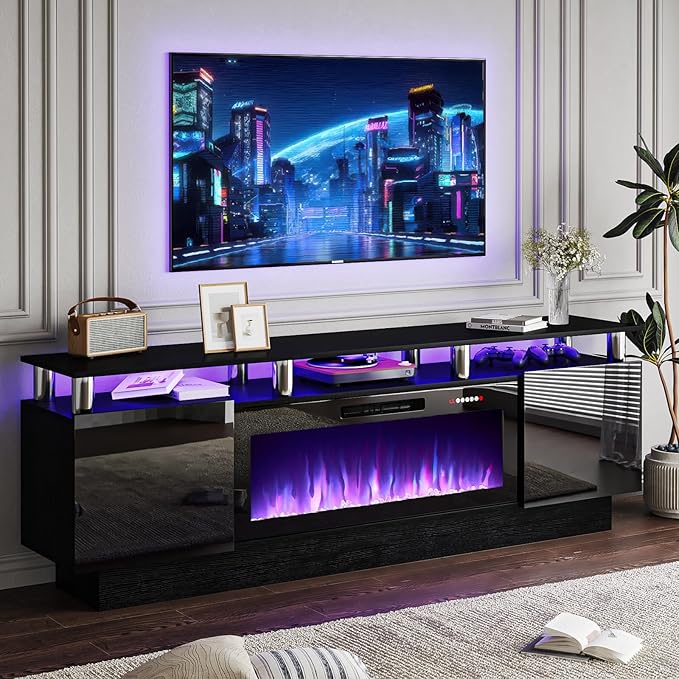 70" Modern Fireplace TV Stand with 36" Electric Fireplace for TVs Up to 80 inch, Luxury LED Light Entertainment Center with High Gloss Cabinet, TV Consoles for Living Room, Black