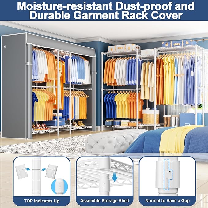 Ulif E12C Heavy Duty Closet Organizer System，Freestanding Clothing Racks for Hanging Clothes，Adjustable Garment Rack 71" W x 16" D x 76.5" H Hold 960 lbs，White Clothing Rack with Grey Dustproof Cover
