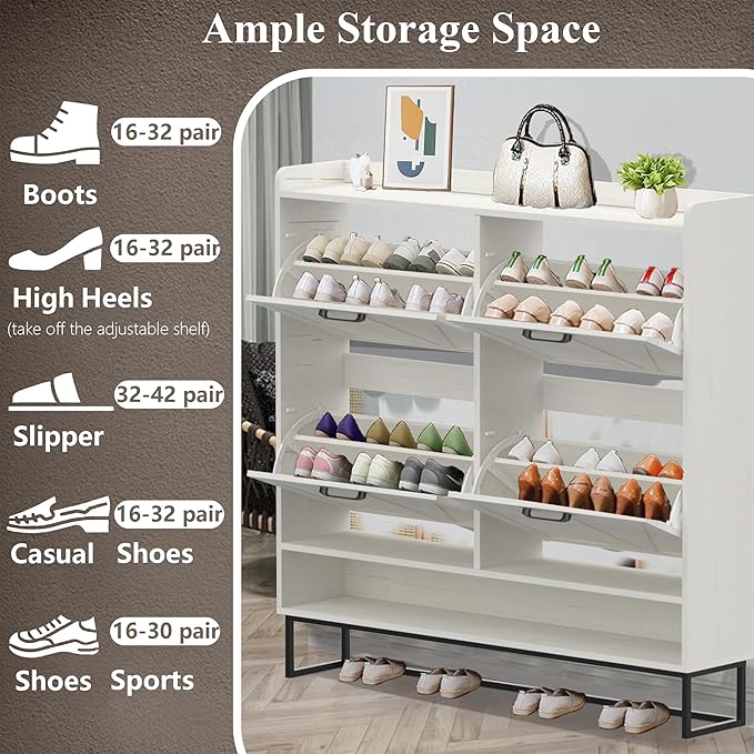 MISHAO Shoe Storage Cabinet with 4 Flip Drawers, Narrow Hidden Shoe Cabinet for Entryway, Freestanding Slim Shoe Rack Organizer with Metal Legs, Oak White