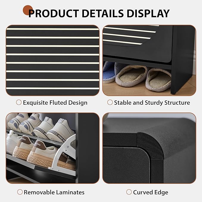 Curved Narrow Shoe Storage Cabinet for Entryway with 2 Flip Drawers, Wood Shoe Cabinet with Arched Panel, Freestanding Shoe Organizer Closed Shoe Rack for Hallway, Foyer, Black